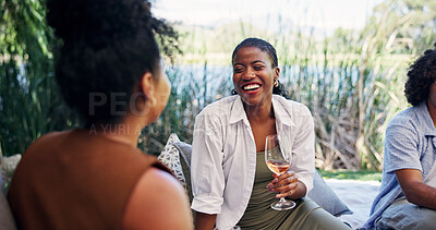 Buy stock photo People, wine and laugh with picnic for social gathering, funny gossip and bonding outdoor. Friends, smile and communication with alcohol in nature for conversation, summer vacation and connection