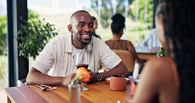 Buy stock photo Conversation, couple and date with happy man in restaurant together for bonding or relationship. Love, relax and romance with smile of person at table in eatery for break, connection or hospitality