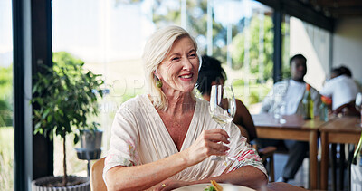 Buy stock photo Happy, wine and mature woman at restaurant for tasting on vacation, getaway or weekend trip. Flavor profile, smile and female person with alcohol drink for scent at dining experience on holiday.