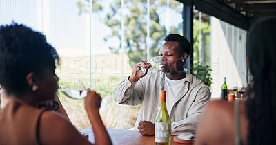 Buy stock photo Friends, bonding and drinking wine in restaurant with glass, reunion and fine dining experience. People, alcohol drink and beverage with hospitality for social gathering, weekend break or connection.