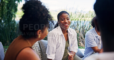 Buy stock photo Friends, wine and smile with picnic outdoor for social gathering, funny gossip and bonding. People, laugh and communication with alcohol in nature for conversation, summer vacation and connection