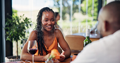 Buy stock photo Conversation, couple and date with woman in restaurant together for bonding or relationship. Love, romance and smile with happy person at table in coffee shop for break, connection or hospitality