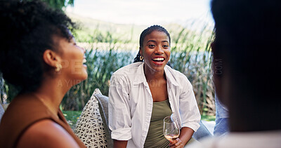 Buy stock photo People, wine and smile with picnic for social gathering, funny gossip and bonding outdoor. Friends, laugh and communication with alcohol in nature for conversation, summer vacation and connection