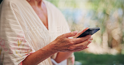 Buy stock photo Hands, smartphone and woman with internet, outdoor and texting with social media. Mature person, mobile user and cellphone with communication, network and message to contact, email and digital app