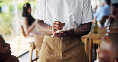Buy stock photo Writing, order and waiter with couple, hands or customer service with notepad, choice and restaurant. Fine dining, server and person with journal for meal options, notes or info for decision in diner