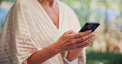Buy stock photo Hands, cellphone and woman with internet, outdoor and connection with social media. Mature person, mobile user or smartphone with communication, network and message to contact, texting or digital app