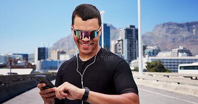 Buy stock photo Smart watch, fitness and cyclist with man in city for tracking performance, workout stats and health app. Training guide, exercise checklist and tech with person and mobile outdoor for cycling route