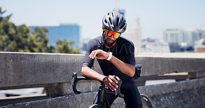 Buy stock photo Smart watch, bike and cyclist with man in city for tracking performance, workout stats and health app. Training guide, exercise checklist and tech with person and bicycle outdoor for cycling route