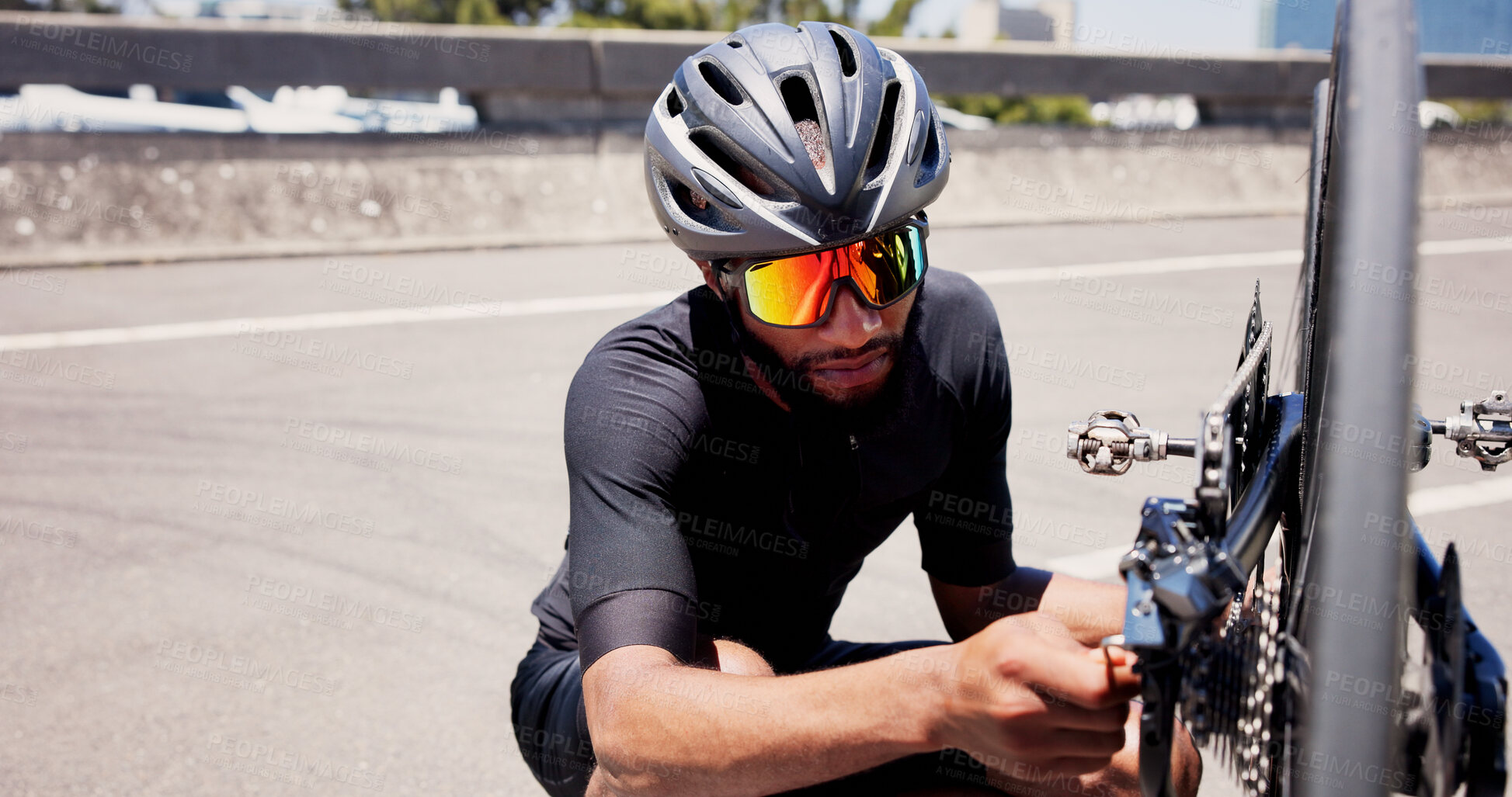 Buy stock photo Sports, repair and man with bicycle outdoor to check wheel, tire and gear alignment for maintenance. City, fitness and person fixing bike in town for cycling, training and active hobby for exercise