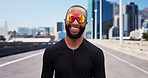 Happy, athlete and man with sunglasses, city and confident for fitness with sportswear and exercise. Outdoor, runner and black person with shades for workout routine, healthy and pride on street