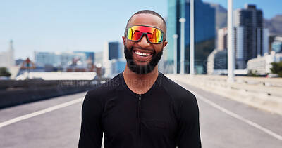 Buy stock photo Happy, athlete and man with sunglasses, city and confident for fitness with sportswear and exercise. Outdoor, runner and black person with shades for workout routine, healthy and pride on street