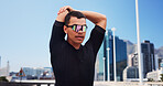 Stretching, sports and man in city with sunglasses for fitness, cycling and active hobby outdoor. Athlete, town and person with polarized lens with warm up for exercise, workout or training in street