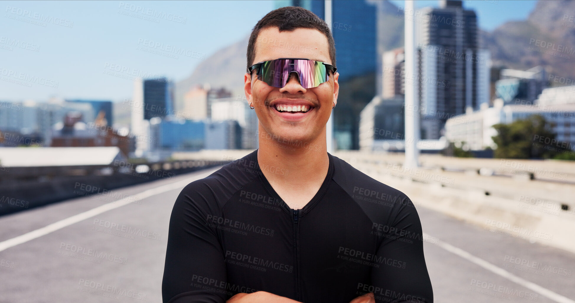 Buy stock photo Outdoor, athlete and man with sunglasses, happy or confident for fitness with sportswear and workout. City, runner and person with shades for exercise routine, healthy and pride on street in USA