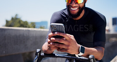 Buy stock photo Phone, hands and bike with man in city for tracking performance, workout stats and health app. Training guide, exercise checklist and cyclist with person and mobile outdoor for cycling route