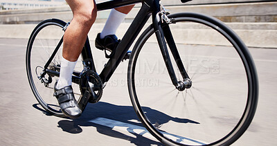 Buy stock photo Cycling, legs and athlete on bicycle, city or practice competition on urban road, journey and active. Outdoor, cyclist and person on bike for sport tournament, training and eco friendly transport