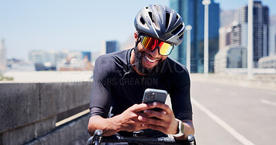 Buy stock photo Phone, smile and cyclist with man in city for tracking performance, workout stats and health app. Training guide, exercise checklist and tech with person and mobile outdoor for cycling route