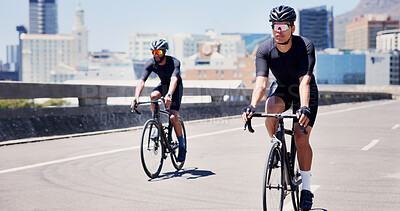 Buy stock photo Athlete, men and cycling on bike in city for marathon practice, competition workout or fitness. Active, people and bicycle in road for cardio exercise, endurance challenge and pace training for sport
