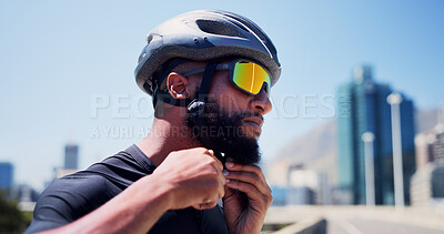 Buy stock photo Sports, helmet and man with sunglasses in city ready for exercise, training and active hobby outdoor. Fitness, athlete and person in safety gear, photochromic lens and protection for cycling workout