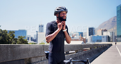 Buy stock photo Start, sports and black man with helmet in city ready for exercise, training and active hobby outdoor. Fitness, athlete and person with safety gear for workout protection, cycling and ride in town