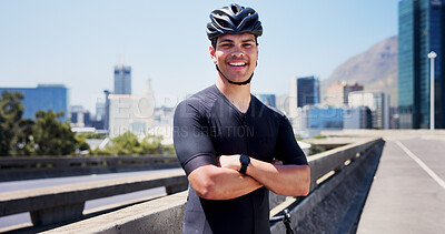 Buy stock photo Crossed arms, sports and portrait of man in city for fitness, cycling and active hobby outdoor. Athlete, town and person with safety gear, smile and confidence for exercise, workout and training