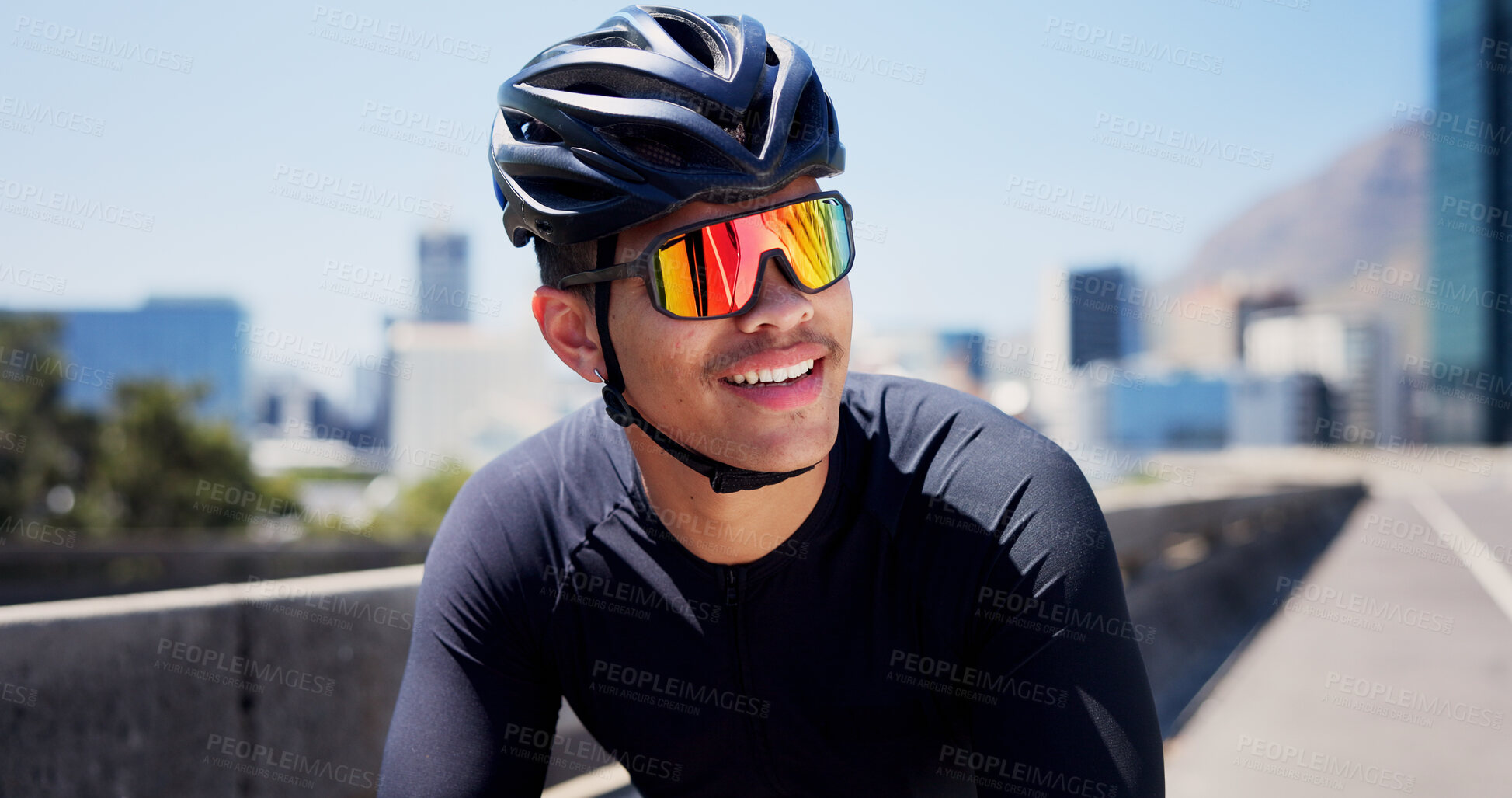Buy stock photo Thinking, sports and man in city with sunglasses for fitness, cycling and active hobby outdoor. Athlete, town and happy person with polarized lens with reflection for exercise, workout and training