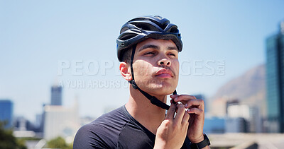 Buy stock photo Sports, cyclist and man with helmet in city ready for exercise, training and active hobby outdoor. Fitness, athlete and person with safety gear, strap and protection for workout, cycling and ride