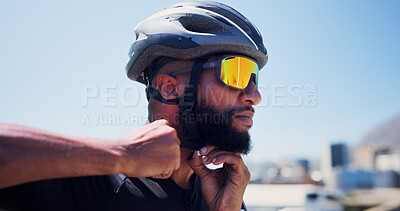 Buy stock photo Sports, helmet and man with strap in city ready for exercise, training and active hobby outdoor. Fitness, athlete and person with safety gear, sunglasses and protection for workout, cycling and ride