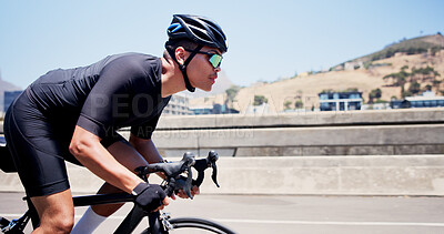 Buy stock photo Man, bicycle and exercise on bridge in city, speed and helmet for training with sunglasses in summer. Person, cyclist and profile on bike, cardio workout or challenge for fitness in urban town
