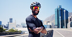 Crossed arms, sports and man in city with sunglasses for fitness, cycling and active hobby outdoor. Athlete, town and person with polarized lens with confidence for exercise, workout and training