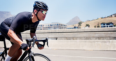 Buy stock photo Man, bicycle and fitness on bridge in city, speed and helmet for training, sky and sunglasses in summer. Person, cyclist and space on bike, exercise or workout for cardio challenge in urban town