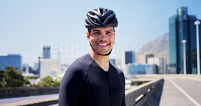 Buy stock photo Happy, sports and portrait of man in city for fitness, cycling and active hobby outdoor. Athlete, town and face of person with safety gear, helmet and confidence for exercise, workout and training