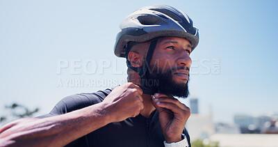 Buy stock photo Cyclist, helmet and man with strap in city ready for exercise, training and active hobby outdoor. Fitness, athlete and person with safety gear, protection and thinking for sports, cycling and ride