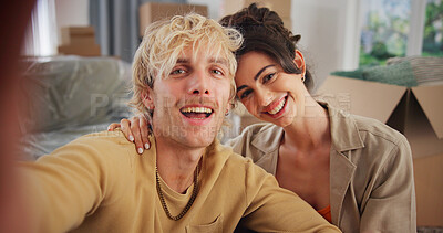 Buy stock photo Portrait, couple and selfie with smile at new home for photography, social media post and moving in. Pov, people and profile picture for real estate, property investment and relocation with happiness