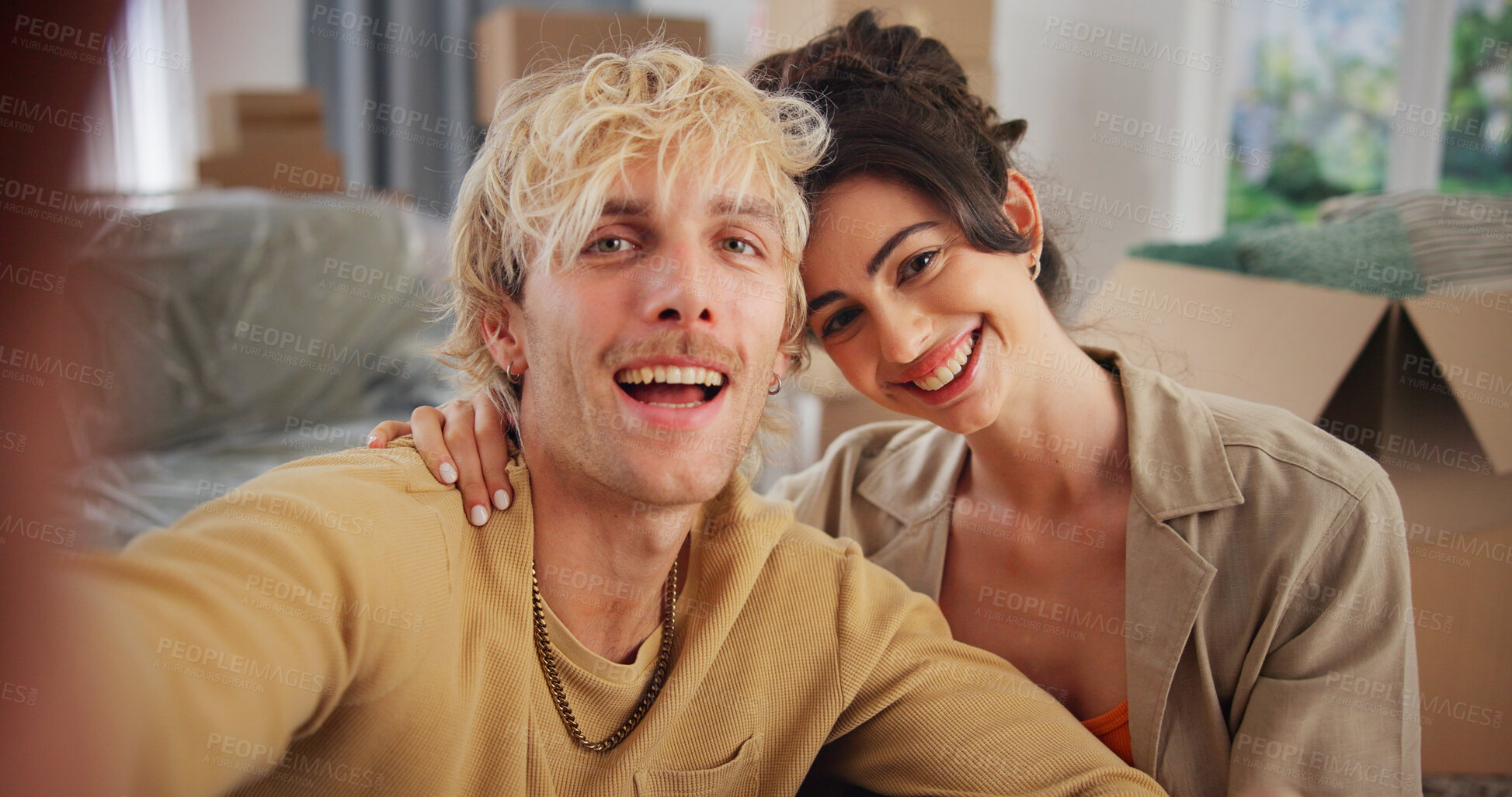 Buy stock photo Portrait, couple and selfie with smile at new home for photography, social media post and moving in. Pov, people and profile picture for real estate, property investment and relocation with happiness