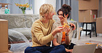 Boxes, moving day and pizza with couple in new home together for fresh start or relocation. Food, love and property investment with happy people eating takeaway in apartment for bonding or growth
