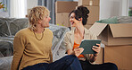 New home, funny and couple with smile, tablet and renovation with real estate. Rental apartment, man and happy woman with tech, planning and laughing with decoration ideas, app or property investment