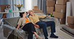 Rest, moving and couple on sofa in new home for relocation to house, property and rental apartment. Marriage, relax and tired man and woman on couch happy for purchase, mortgage and real estate