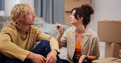 Buy stock photo Fight, argument and couple in house with moving, packing issue and relationship challenge in new home. Stress, man and woman with conflict, partnership drama and real estate problem in relocation 