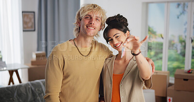 Buy stock photo Happy couple, portrait or new home with keys for property purchase, investment or mortgage together. Man, woman or homeowners with smile or loan for moving in, buying or real estate finance in house