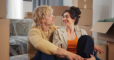 Buy stock photo Happy, relax and couple in new home for moving to house, property mortgage and rental apartment. Marriage, relationship and man with woman for bonding, love and talking for real estate purchase