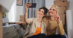 Happy, couple and relax with selfie at new home for photography, social media post and moving in. Smile, people and profile picture update with peace sign, property investment and relocation memory