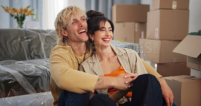 Buy stock photo Happy, moving and couple hug in new home for relocation to house, property and rental apartment. Marriage, relax and man with woman embrace for bonding, love and excited for real estate purchase