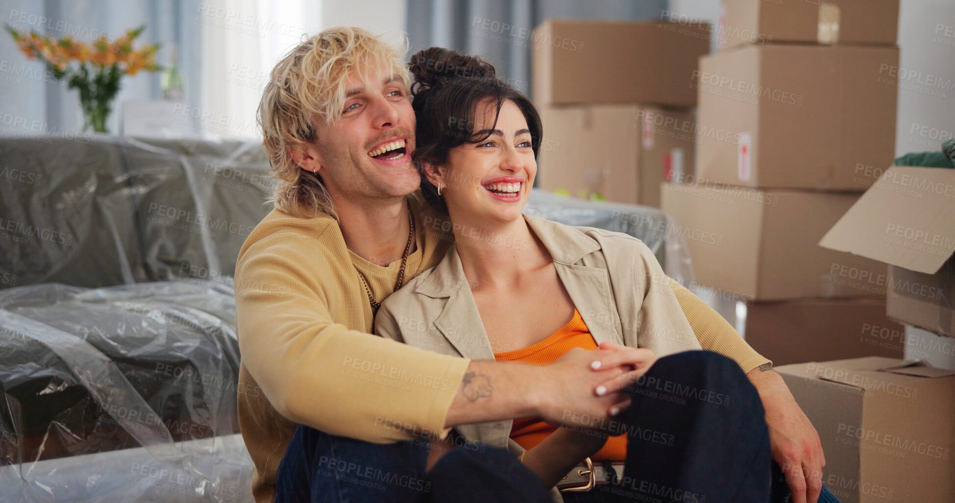 Buy stock photo Happy, moving and couple hug in new home for relocation to house, property and rental apartment. Marriage, relax and man with woman embrace for bonding, love and excited for real estate purchase