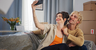 Buy stock photo Smile, couple and relax with selfie at new home for photography, social media post and moving in. Happy, people and profile picture update for real estate, property investment and relocation memory