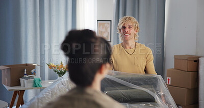 Buy stock photo Boxes, new home and sofa with couple on floor together for interior design of real estate. Carrying couch, love and moving day with happy people in living room of apartment for property investment