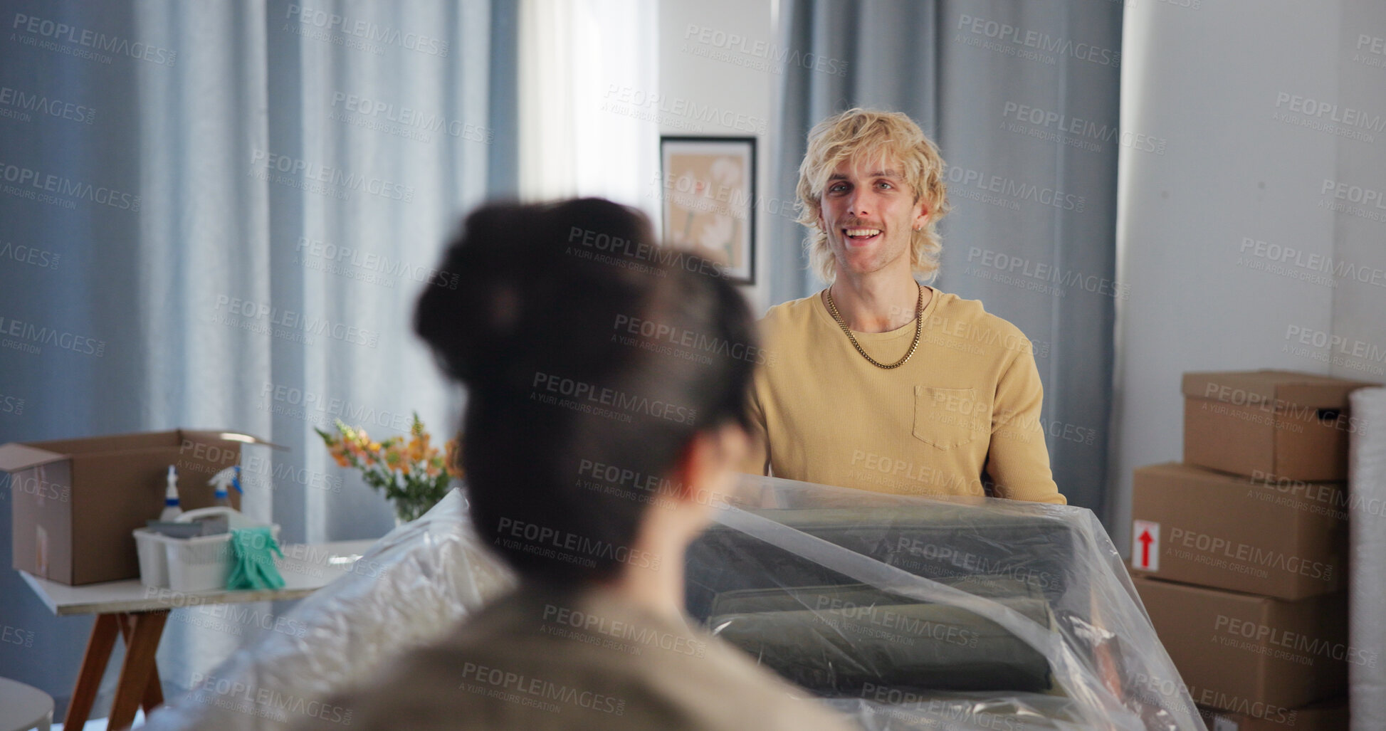 Buy stock photo Boxes, new home and sofa with couple on floor together for interior design of real estate. Carrying couch, love and moving day with happy people in living room of apartment for property investment