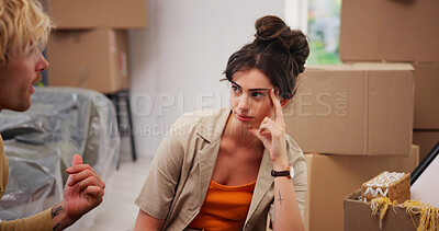 Buy stock photo Fight, dispute and couple in house with moving, packing issue and relationship challenge in new home. Stress, man and woman with conflict, partner argument and real estate problem in fresh start