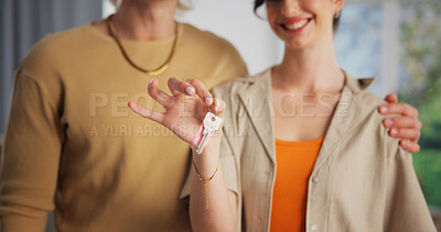 Buy stock photo Happy couple, hands or new home with keys for property purchase, investment or mortgage together. Man, woman or homeowners with smile for moving in, buying or real estate finance in building or house