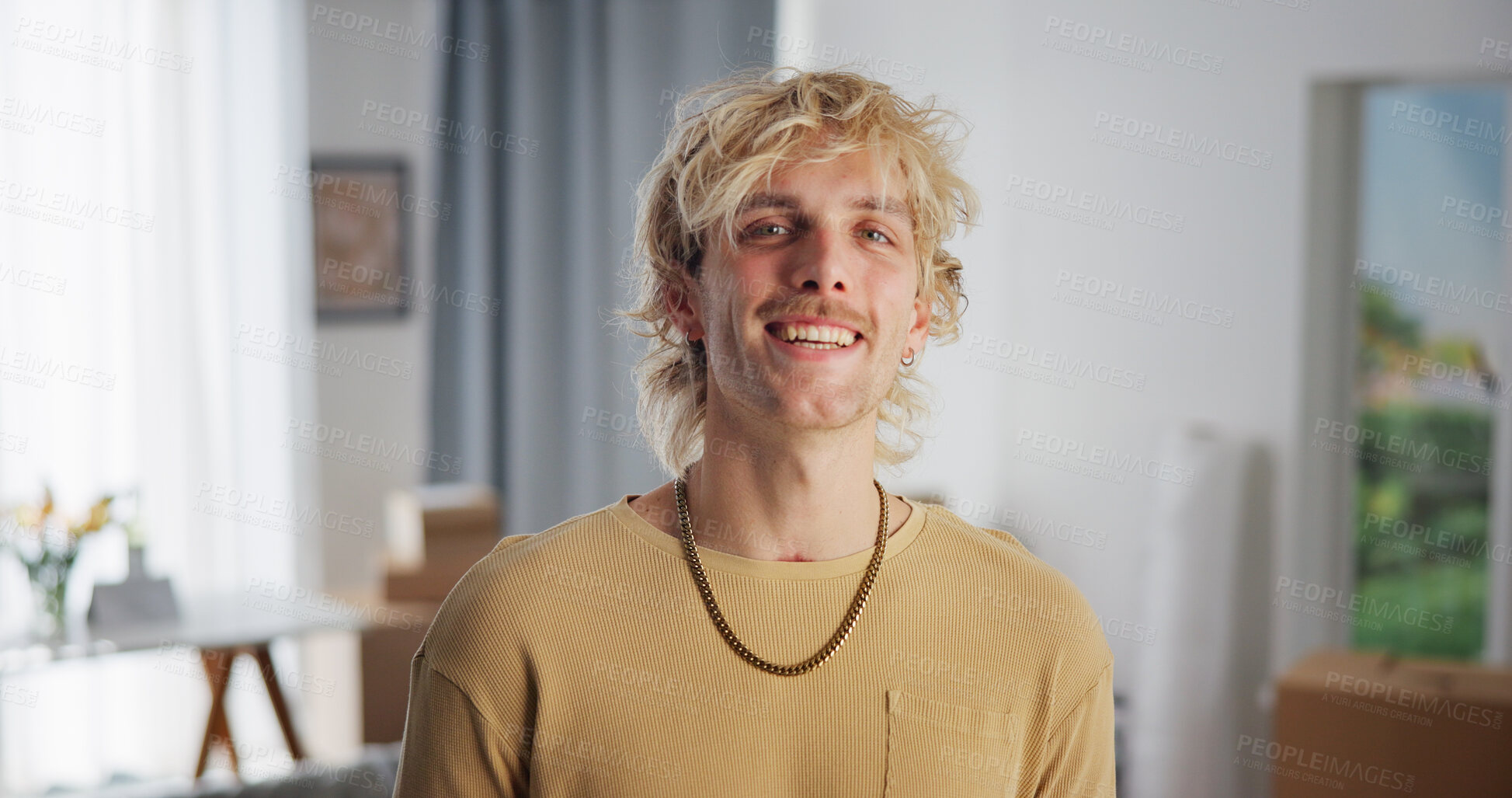 Buy stock photo Property, portrait or man in living room with pride, fresh start or investment in dream house. Success, real estate or male person in home with confidence, relocation or achievement for new homeowner