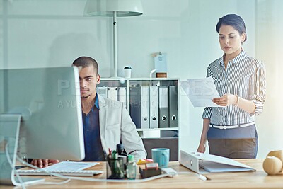 Buy stock photo Documents, team and computer with business people in office for partnership, account payroll and report. Feedback, finance statements and collaboration with employees and tech in agency for planning